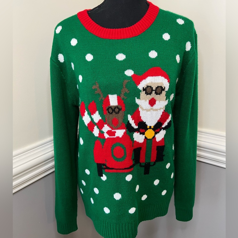 V28 Ugly Christmas sweater Santa and Rudolph motorcycle Womens size medium